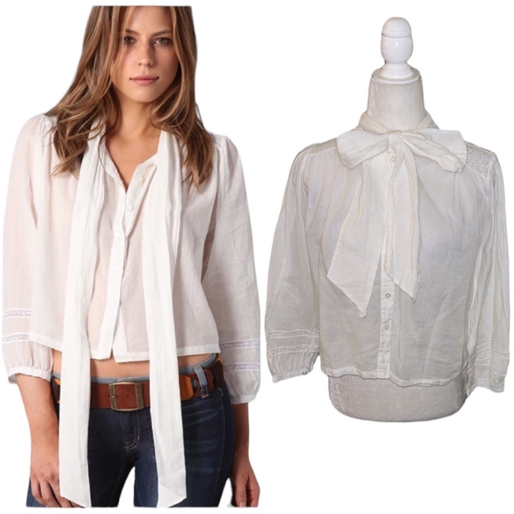 Elizabeth and James Maddie White Tie Neck Pussycat Crop Poplin Button Down - M
